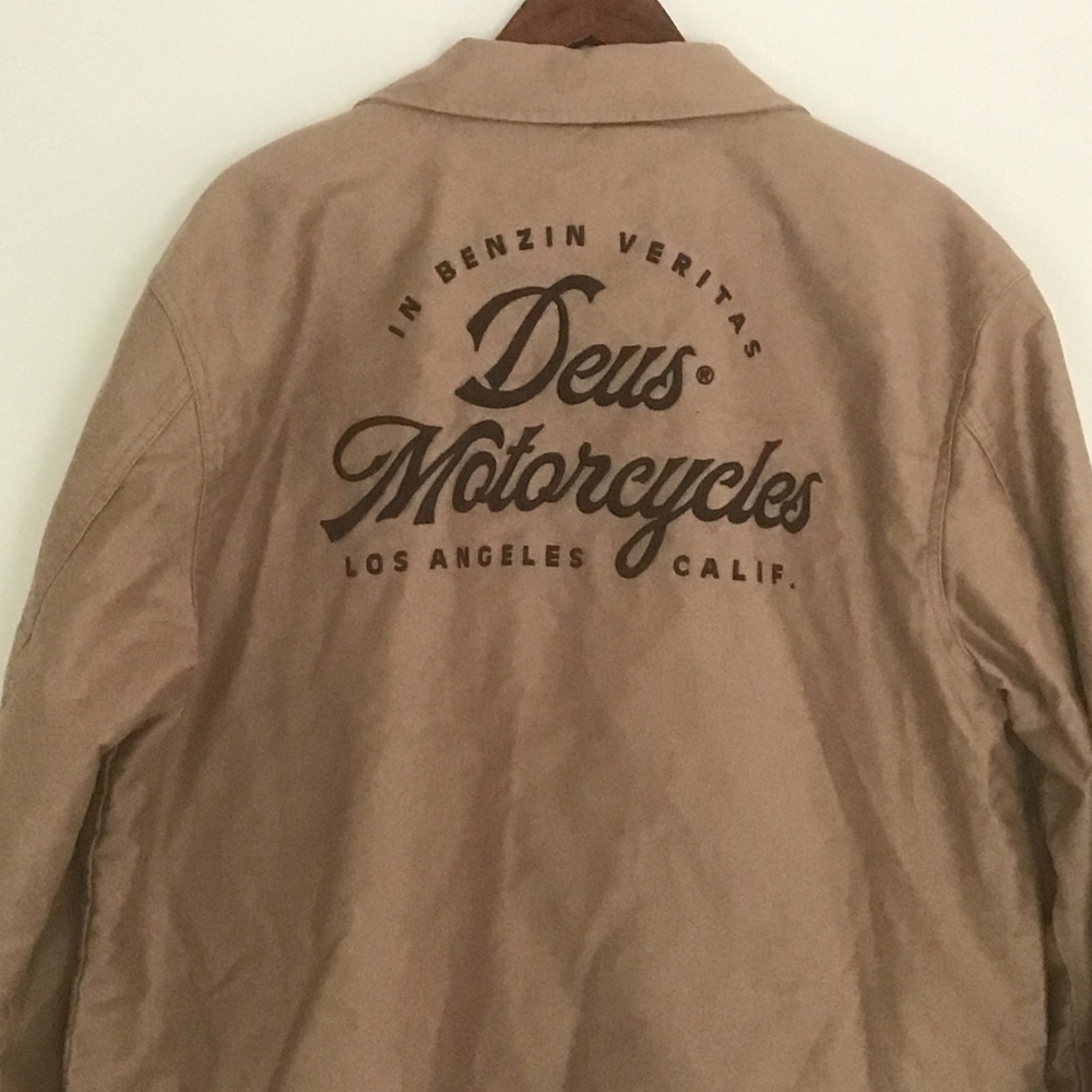 Deus Ex Machina Tan Ride Out Work Jacket Motorcycles Back Graphic Lined XXL 2XL